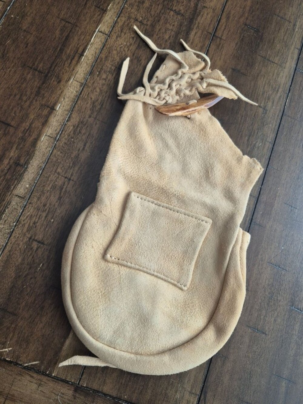 Handcrafted Tan Suede Pouch With Rustic Wooden Button & Fringe - Picture 2 of 4